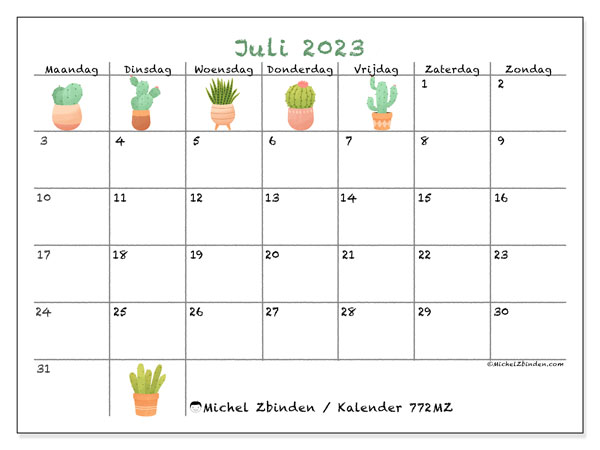 Kalender juli 2023, 772MZ, klaar om af te drukken, gratis.