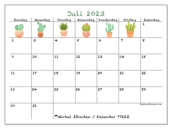 Kalender juli 2023, 772ZZ. Gratis printbare kaart.