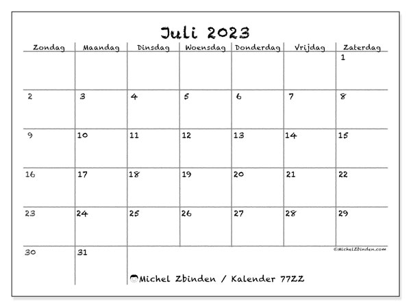 Kalender juli 2023 om af te drukken. Maandkalender “77ZZ” en gratis printbare planning