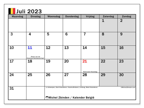 Kalender juli 2023, Belgien (NL). Gratis kalender som kan skrivas ut.