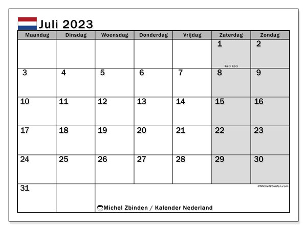 Kalender juli 2023, Nederländerna (NL). Gratis kalender som kan skrivas ut.