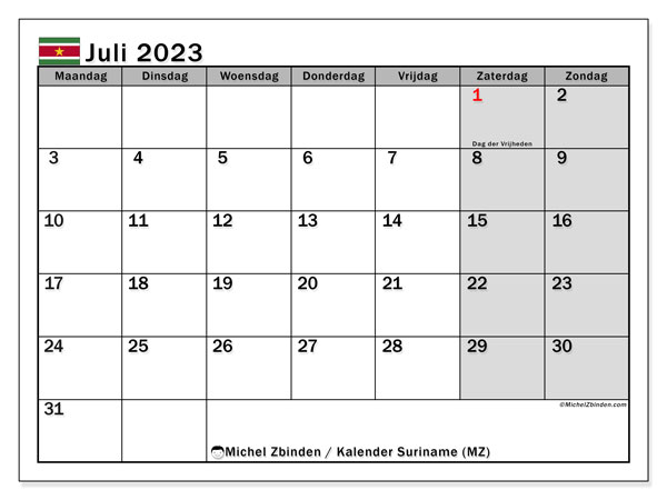 Kalender juli 2023 “Suriname”. Gratis afdrukbare kalender.. Maandag tot zondag