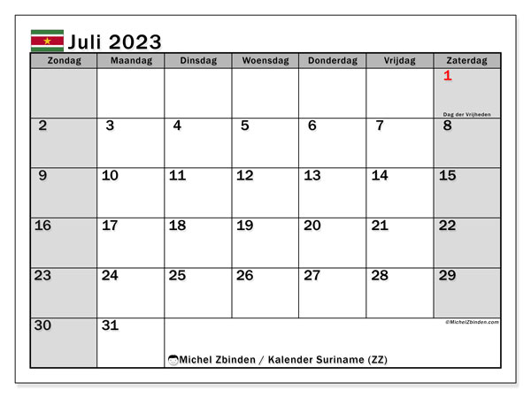 Kalender juli 2023 “Suriname”. Gratis afdrukbare kalender.. Zondag tot zaterdag