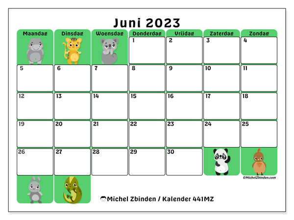 Kalender juni 2023 “441”. Gratis af te drukken agenda.. Maandag tot zondag