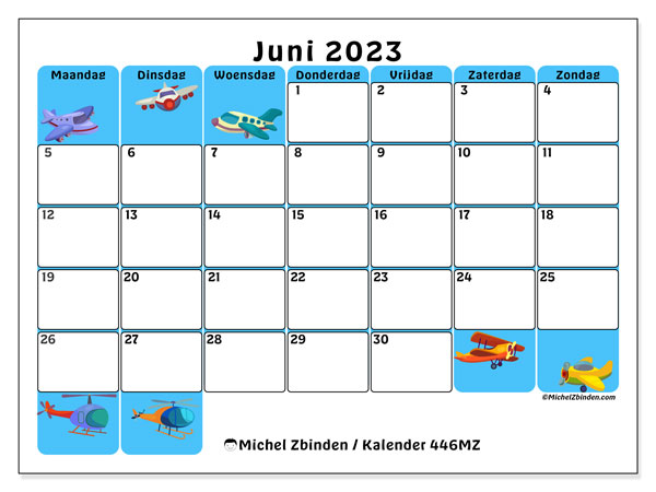 Kalender juni 2023 om af te drukken. Maandkalender “446MZ” en gratis afdrukbare planning