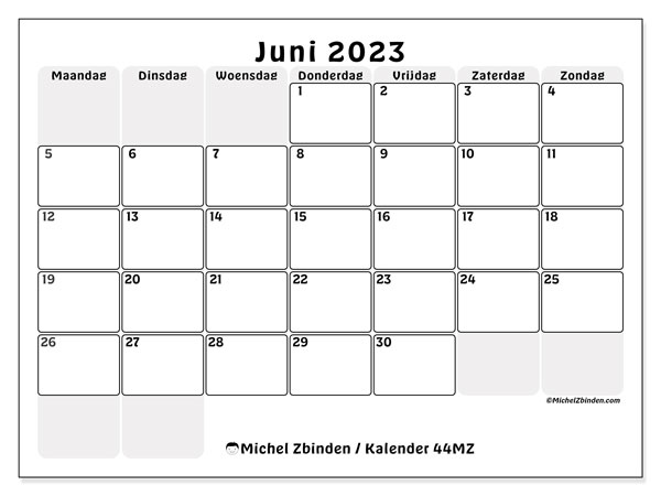 Kalender juni 2023, 44MZ. Gratis printbaar schema.