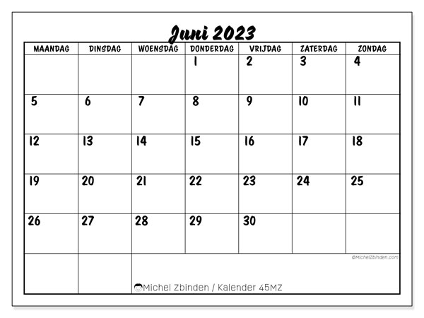 Kalender juni 2023 om af te drukken. Maandkalender “45MZ” en agenda om gratis af te drukken