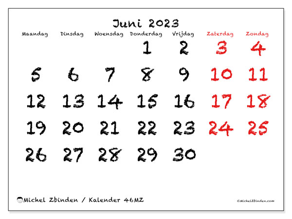 Kalender juni 2023 om af te drukken. Maandkalender “46MZ” en schema om gratis te printen