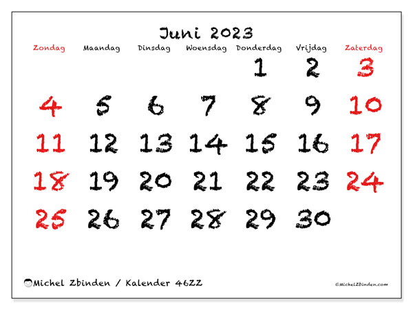 Kalender om af te drukken, juni 2023, 46ZZ