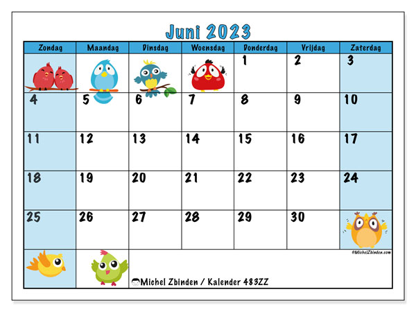 Kalender juni 2023, 483ZZ. Gratis printbaar schema.