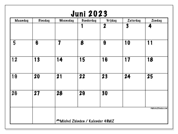 Kalender juni 2023 om af te drukken. Maandkalender “48MZ” en schema om gratis af te drukken