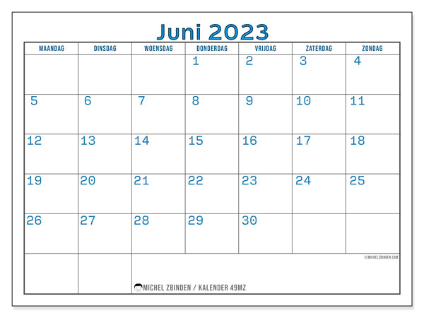 Kalender juni 2023, 49MZ. Gratis printbaar schema.