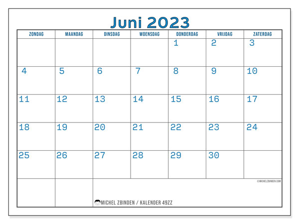 Kalender juni 2023, 49ZZ. Gratis afdrukbare kalender.