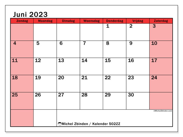 Kalender juni 2023, 502ZZ. Gratis printbaar schema.