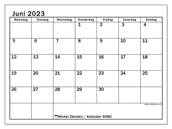 Kalender juni 2023 “50”. Gratis printbaar schema.. Maandag tot zondag