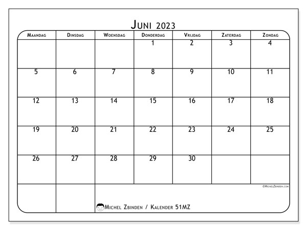 Kalender juni 2023, 51MZ. Gratis printbaar schema.