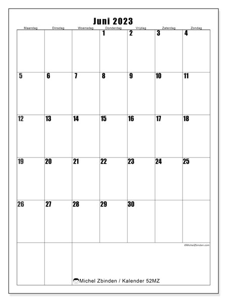 Kalender juni 2023 om af te drukken. Maandkalender “52MZ” en gratis afdrukbare planning