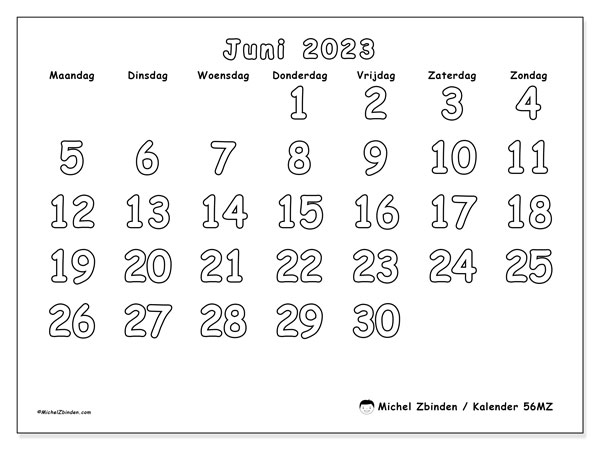 Kalender juni 2023, 56MZ. Gratis printbaar schema.