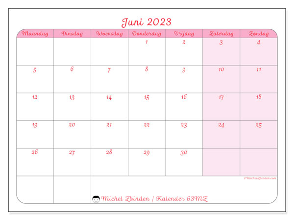 Kalender juni 2023 om af te drukken. Maandkalender “63MZ” en schema om gratis te printen