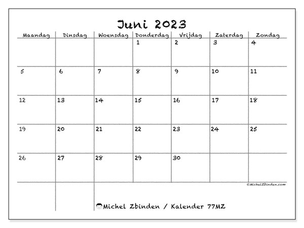 Kalender juni 2023, 77MZ. Gratis printbaar schema.