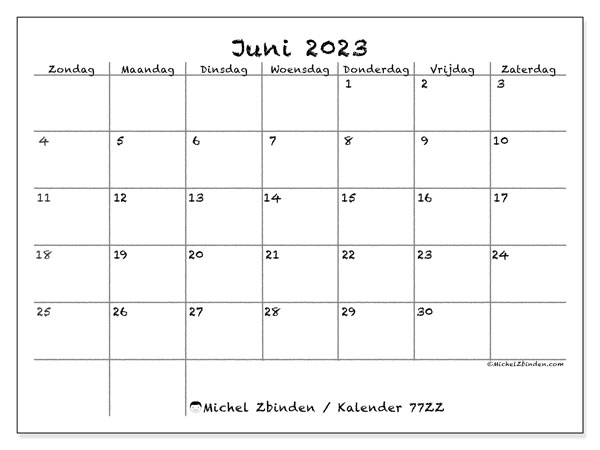 Kalender juni 2023, 77ZZ. Gratis printbaar schema.