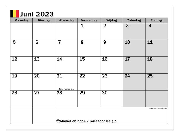 Calendario junio 2023, Bélgica (NL). Diario para imprimir gratis.