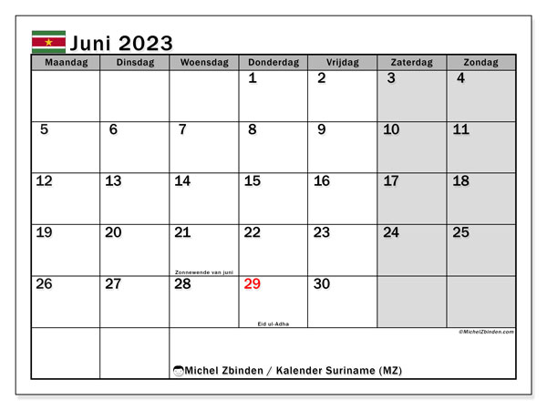 Calendário Junho 2023, Suriname (NL). Horário gratuito para impressão.