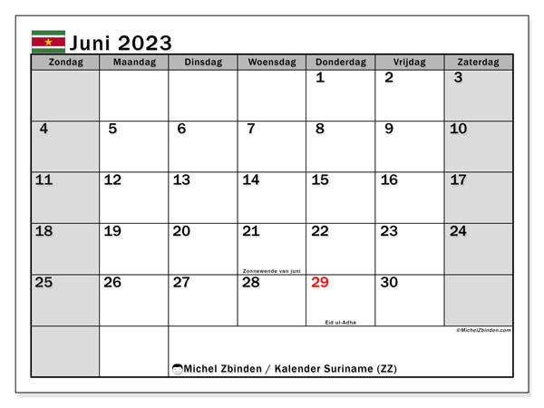 Kalender om af te drukken, juni 2023, Suriname (ZZ)