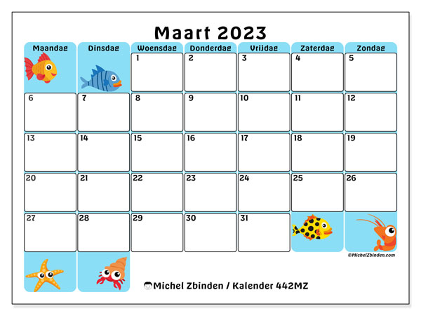 Kalender maart 2023, 442MZ. Gratis printbare kalender.