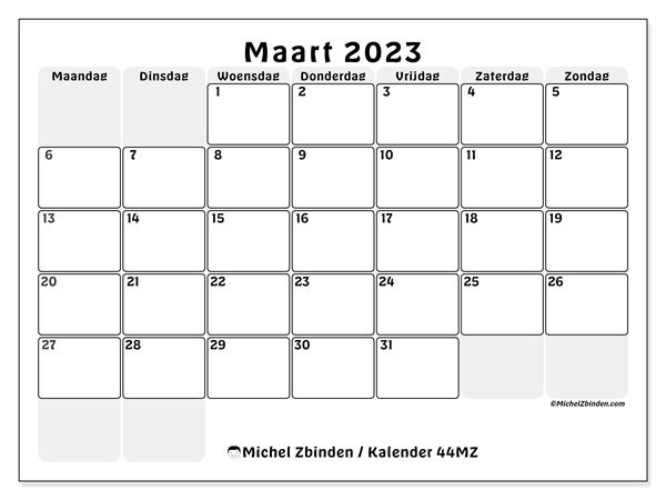 Kalender maart 2023 om af te drukken. Maandkalender “44MZ” en planning om gratis af te drukken