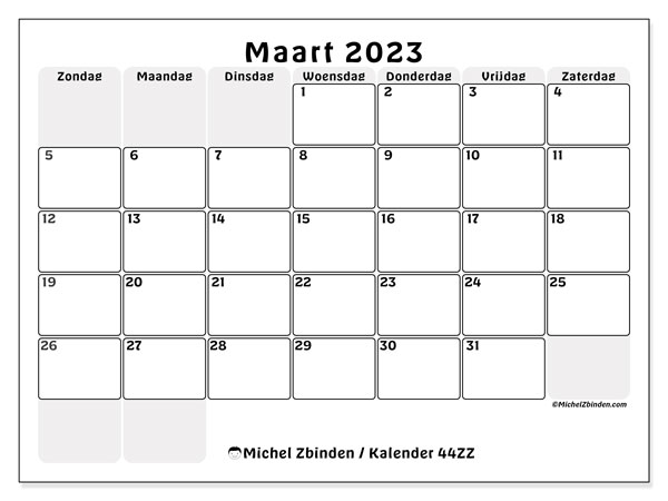Kalender maart 2023, 44ZZ. Gratis printbare kalender.