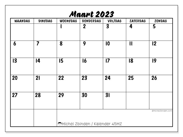 Kalender om af te drukken, maart 2023, 45MZ