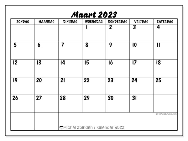 Kalender om af te drukken, maart 2023, 45ZZ