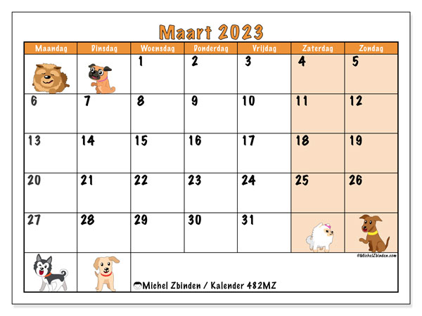 Kalender maart 2023 om af te drukken. Maandkalender “482MZ” en planning om gratis af te drukken