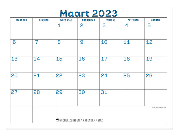 Kalender om af te drukken, maart 2023, 49MZ