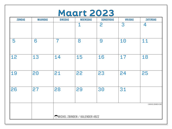 Kalender om af te drukken, maart 2023, 49ZZ