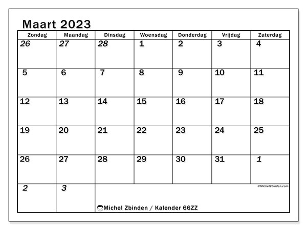 Kalender om af te drukken, maart 2023, 501ZZ