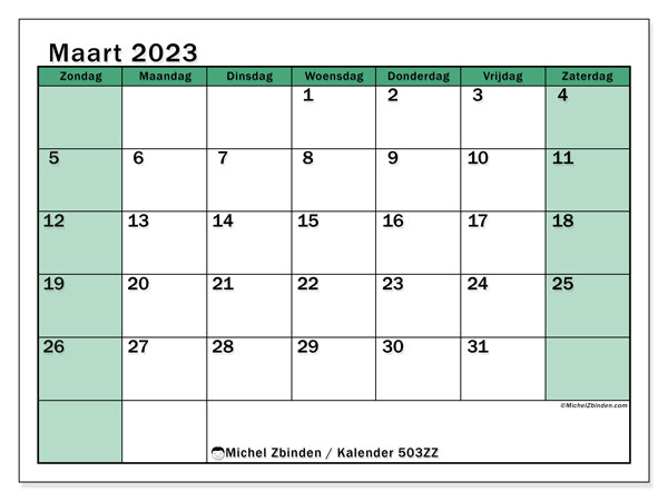 Kalender maart 2023 om af te drukken. Maandkalender “503ZZ” en agenda om gratis te printen