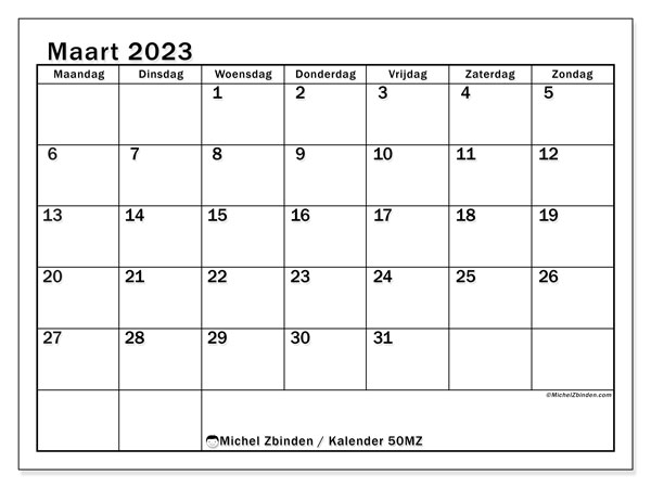 50MZ, kalender maart 2023, om af te drukken, gratis.