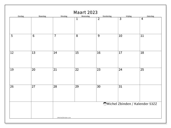 Kalender maart 2023 om af te drukken. Maandkalender “53ZZ” en gratis printbare planning