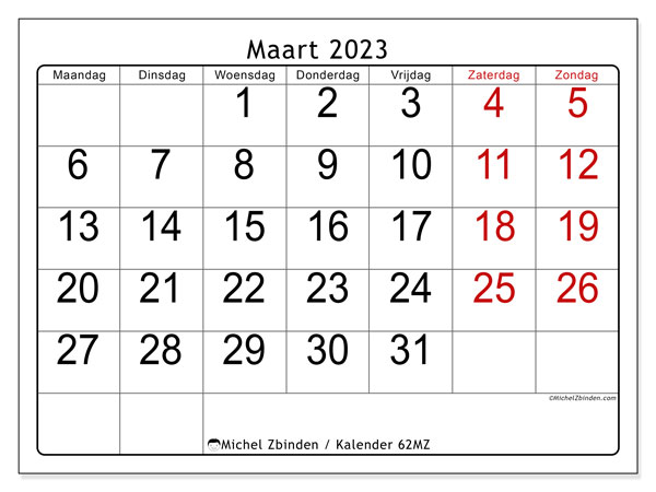 Kalender maart 2023 om af te drukken. Maandkalender “62MZ” en gratis printbare agenda