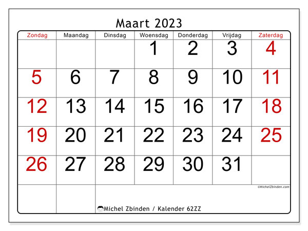 Kalender om af te drukken, maart 2023, 62ZZ