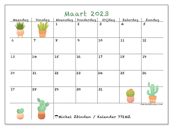 Kalender maart 2023 om af te drukken. Maandkalender “772MZ” en gratis printbare agenda