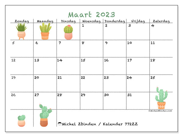 Kalender om af te drukken, maart 2023, 772ZZ