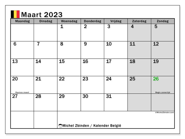 Calendrier mars 2023, Belgique (NL), prêt à imprimer et gratuit.