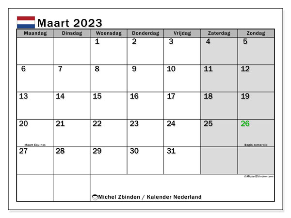 Calendrier mars 2023, Pays-Bas (NL), prêt à imprimer et gratuit.
