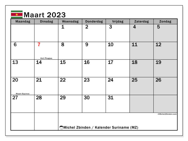Kalender om af te drukken, maart 2023, Suriname (MZ)