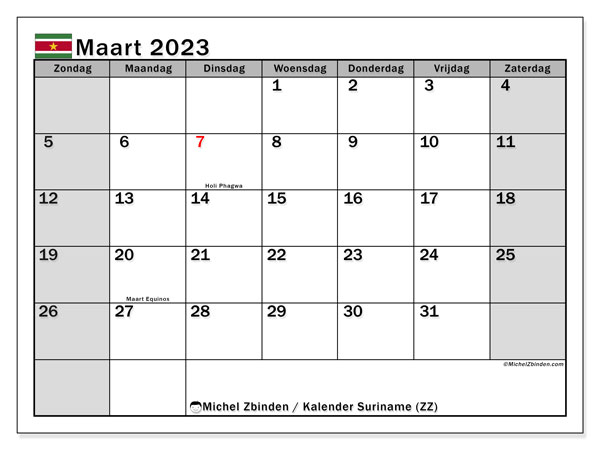 Kalender om af te drukken, maart 2023, Suriname (ZZ)