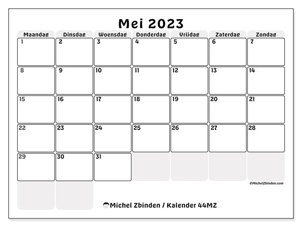Kalender mei 2023, 44MZ. Gratis printbare kalender.