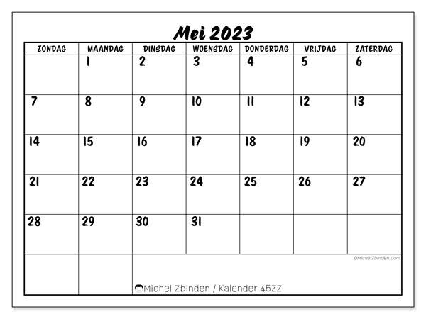 Kalender mei 2023, 45ZZ. Gratis af te drukken agenda.